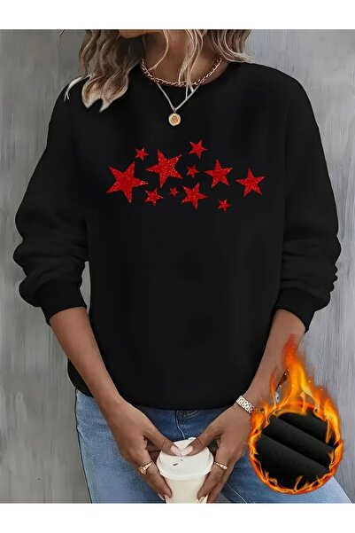 WOODROFFE Γυναικείο μαύρο φούτερ με στάμπα Star Star με λαιμόκοψη Oversize