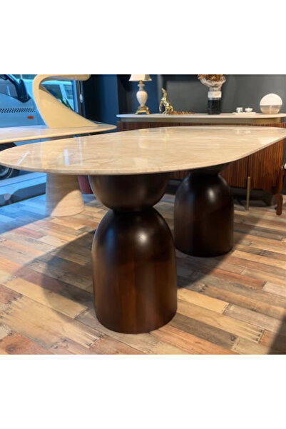 MIARIK DESIGN & DEKORASYON Bonjugo Ahsap Ayaklı Traverten Mermer Yemek Masası