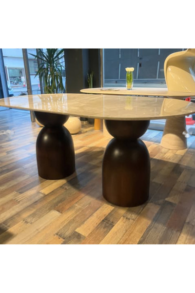 MIARIK DESIGN & DEKORASYON Bonjugo Ahsap Ayaklı Traverten Mermer Yemek Masası