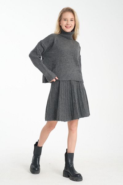 İLKCET MODA الياقة المدورة تريكو سترة وتنورة مطوي مجموعة