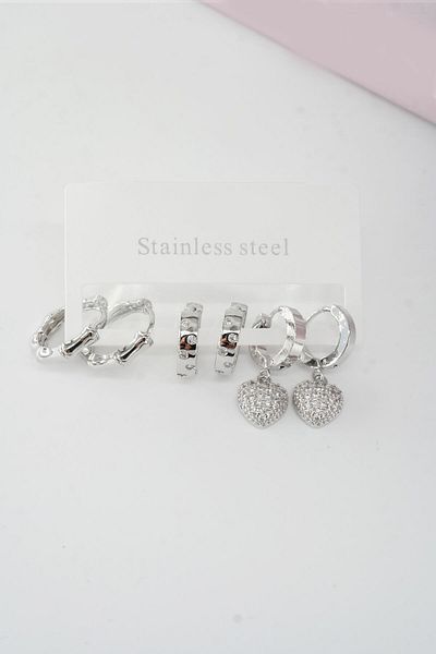 By Zeyna Aksesuar Women's Vip Series Baguette Zircon Stone Heart Model Clip-On Set of 6 Earrings