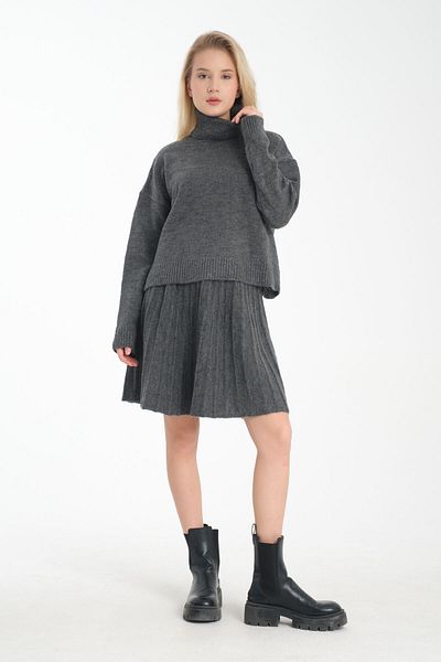 İLKCET MODA الياقة المدورة تريكو سترة وتنورة مطوي مجموعة