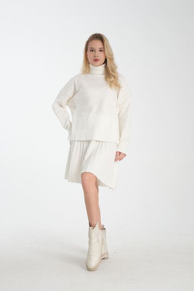 İLKCET MODA الياقة المدورة تريكو سترة وتنورة مطوي مجموعة