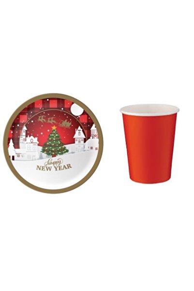 DÜVENCİ TİCARET Yılbaşı Karton Tabak Bardak Set 8 Adet