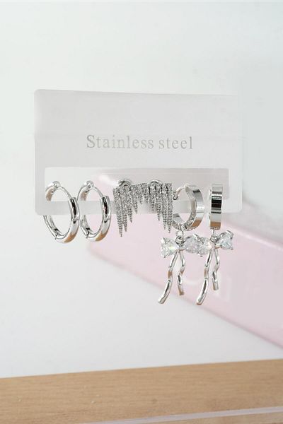 By Zeyna Aksesuar Vip Series Zircon Stone Women's Ribbon - Set of 6 Clip Earrings