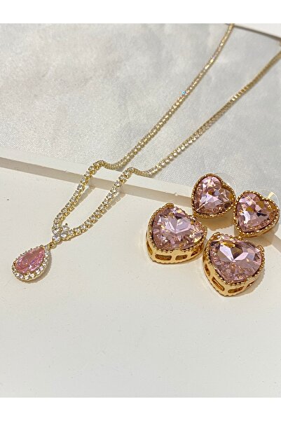Home Şık Pembe Kalp Küpe ve Kolye Seti