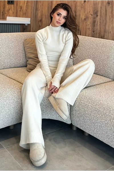 candybia Beige Half Fisherman Knit Crop Sweater Trousers Knitwear Bottom-Top Set