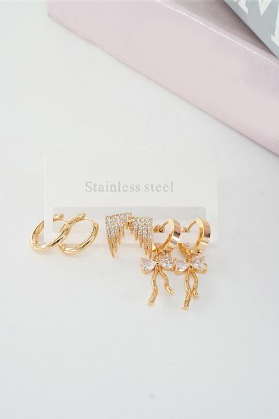 By Zeyna Aksesuar Vip Series Zircon Stone Women's Ribbon - Set of 6 Clip Earrings