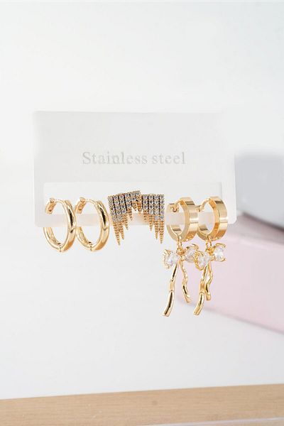 By Zeyna Aksesuar Vip Series Zircon Stone Women's Ribbon - Set of 6 Clip Earrings