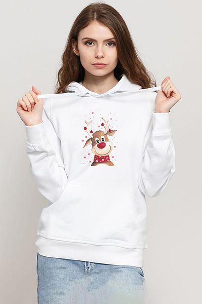 Tshirthane Watercolor Christmas Deer White Women's 3Ip Hooded Sweatshirt
