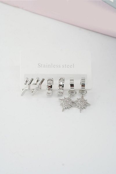 By Zeyna Aksesuar Vip Series Zircon Stone Women's Baguette - North Star Model, 6-Piece Clip Set Earrings