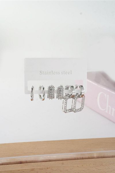 By Zeyna Aksesuar Women's Vip Series Baguette Zircon Cubic Zirconia Clip-On Set of 6 Earrings