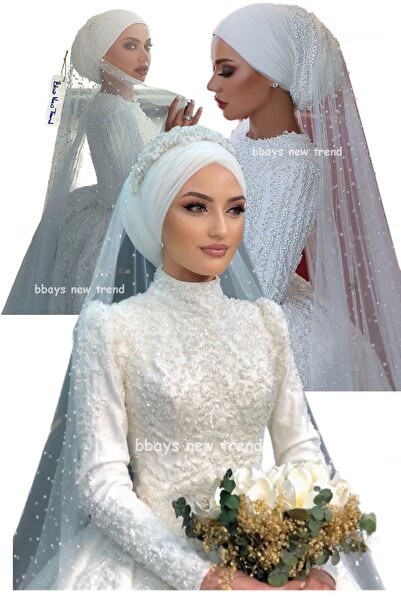 bbays new trend 80CM Tesettür Duvak Tokalı İncili Gelin Duvak Tesettüre Uygun...