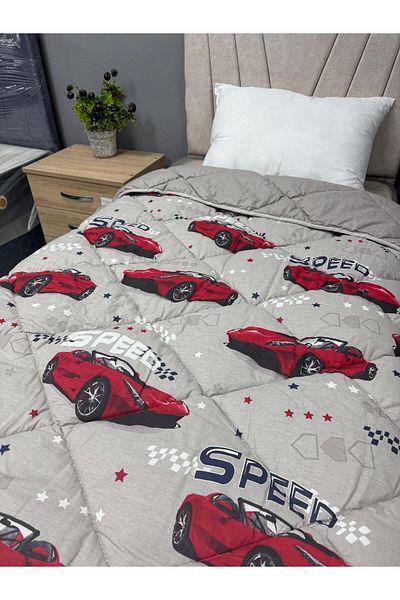 Clasy 100% Cotton Ranforce Single Quilt Double Sided Milk Brown-Grey Car Pattern