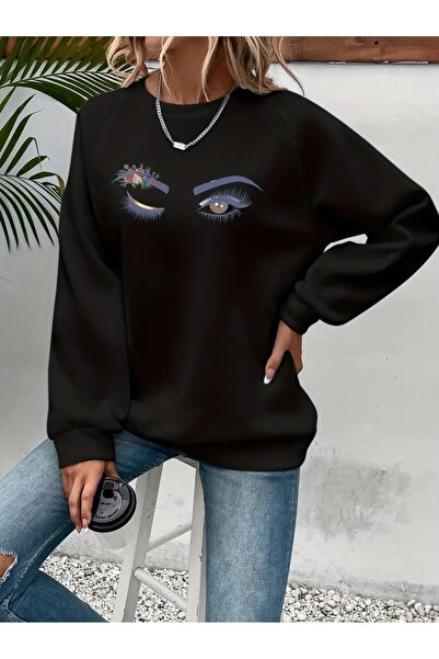 WOODROFFE سويت شيرت أسود كبير الحجم برقبة دائرية مطبوع عليه صورة نسائية