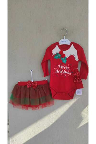 Noel Necix's Kız Bebek Yılbaşı Noel Zıbınlı Tütülü Etekli Bandanalı 3'lü Takım