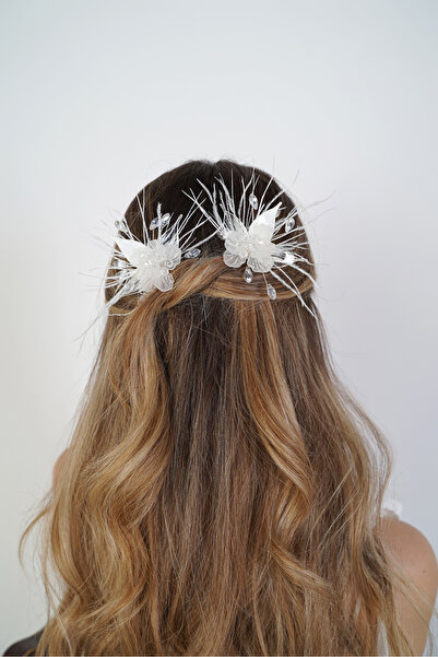 Nişantaşı tasarım NANCY Reçine ve Tüy Detaylı İkili Firkete Tokalı Gelin Akse...