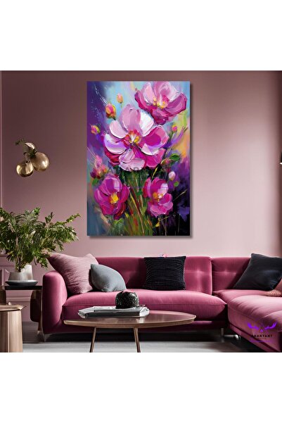 abartart Tekli Dikey Kanvas Yağlı Boya Görünümlü Pembe Çiçekler