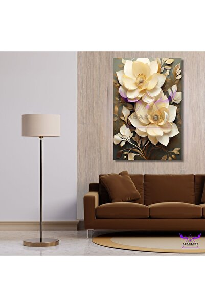abartart Tekli Dikey Kanvas Modern Duvar Tablosu Dekoratif Krem Rengi Çiçekler