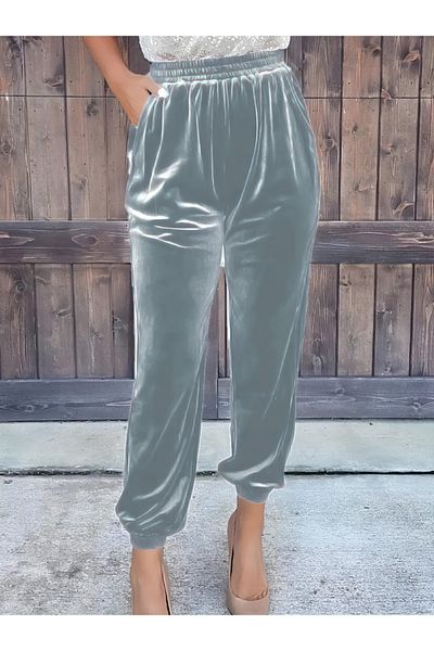 COTTONLAB    Women's Elastic Waist High Waist Pocket Detail Velvet Pants