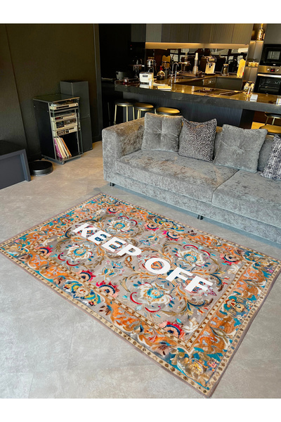 Rugs Modern Halı Tokyo Koleksiyonu Gri Temalı Keep Off Yazılı Floral Desenli ...
