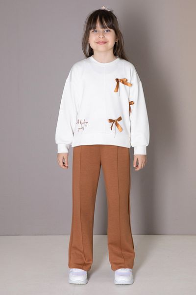 Cansın Mini Taba Bow and Badi Wide Leg Pants Girls' Suit 19881