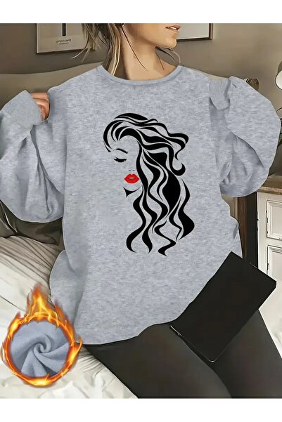 WOODROFFE Γυναικείο πορτρέτο με στάμπα με λαιμόκοψη Oversize γκρι φούτερ