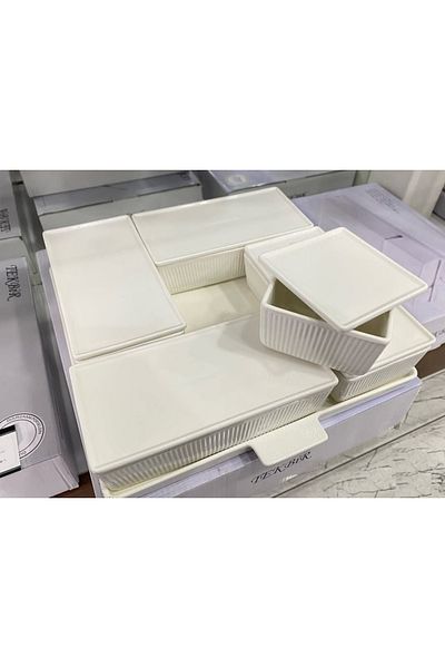 Tekbir Porcelain Square Tray 6 Compartment Covered Breakfast Presentation Set