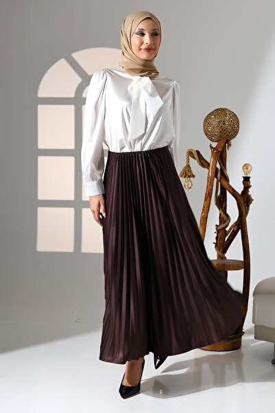 GİYSA Дамска кафява плисирана сатенена дълга хиджаб пола с еластична талия - 2024-2