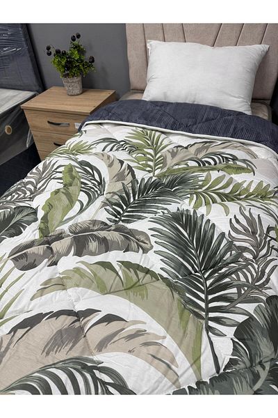Clasy 100% Cotton Ranforce Single Quilt Double Sided Green-White-Grey Floral-Solid Pattern