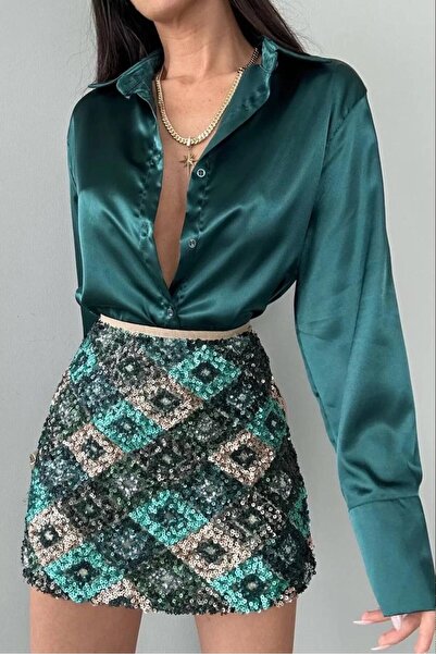 İNCİGİYİM Zümrüt Yeşili Oversize Saten Gömlek