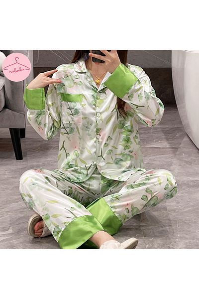 naboda Costum de noapte elegant pentru femei cu imprimeu verde pe alb