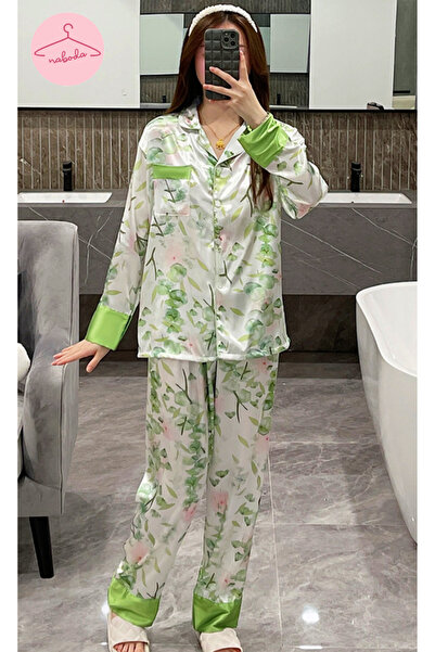 naboda Costum de noapte elegant pentru femei cu imprimeu verde pe alb