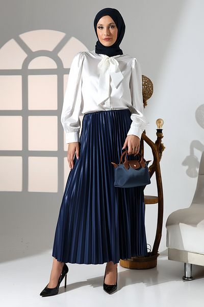 GİYSA Fusta lungă hijab din satin cu talie elastică indigo pentru femei - 2024-2