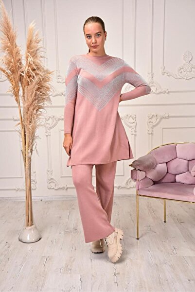 FATELLA KADIN UZUN BİSİKLET YAKA TRİKO KENDİNDEN simli DESENLİ TUNİK TRİKO KAZAK