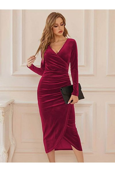 Viyamo Women's Long Sleeve Double Breasted Neckline Waist Drawstring Detail Midi Stylish Velvet Dress