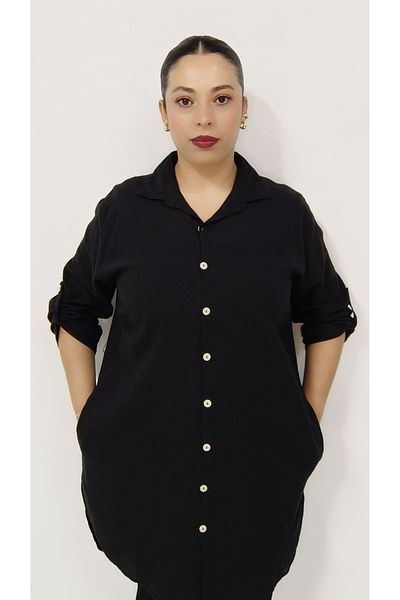 AKŞEN GİYİM LARGE SIZE 100% COTTON LINEN DOMINANT COLLAR WITH SIDE POCKETS SLIT SIDE FOLDABLE SLEEVE TUNIC