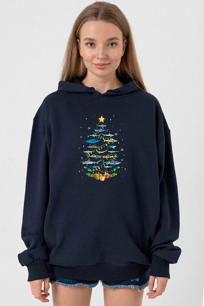 Tshirthane Navy Blue Hooded 3Ip Women's Shark Christmas Tree