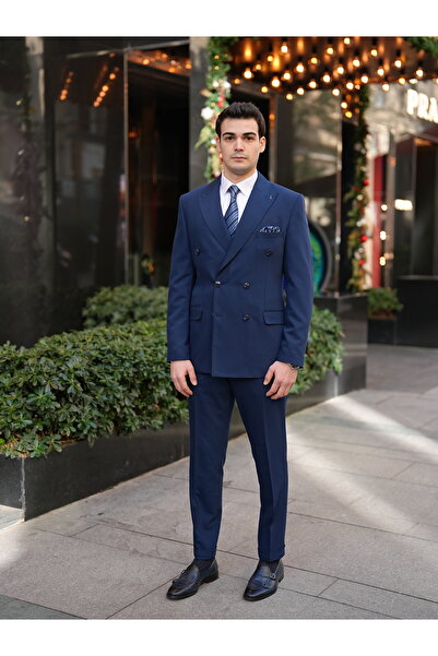 LONATOLİA Erkek Premium İtalyan Stil Punto dikişli Kapak Cepli Kruvaze Takım ...