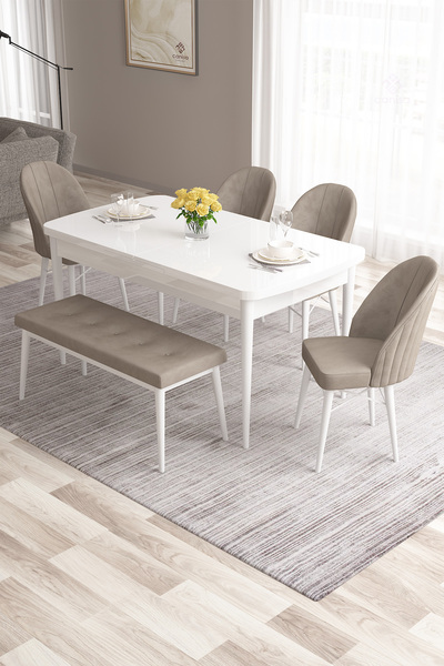 Canisa Roz Serisi 80x132 Mdf Beyaz Masa Takımı 4 Cappucino Sandalye Ve 1 Bench