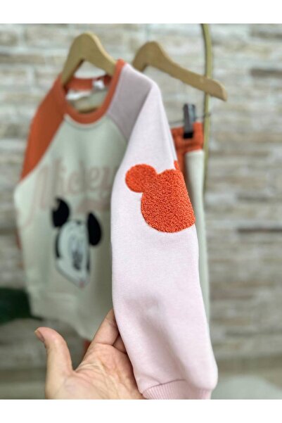 Lolliboomkids Mickey Print Sweatshirt and Spanish Leg Tracksuit Set - Brick Color, 2-Piece Set