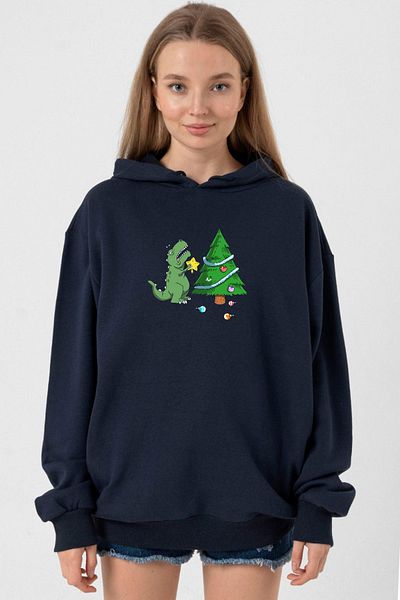 Tshirthane Navy Blue Dinosaur Christmas Tree - Women's 3Ip Hoodie
