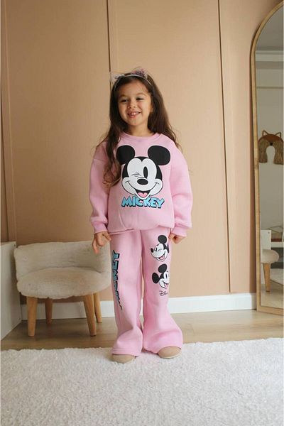 Lolliboomkids Set de sus și de jos pentru fete, bumbac, culoare roz pudrat, cu 3 fire, cu imprimeu Mickey