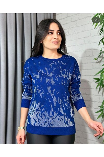 NUR TEKSTİL KADIN MAVİ TRİKO  SİM DESENLİ KAZAK  -36/44EDENE KADAR UYUMLU