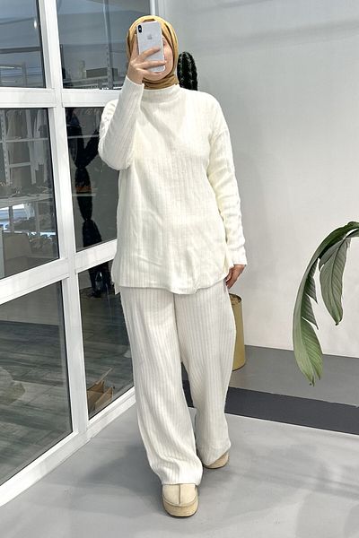 ModaSelin Ms197 Stand Collar White Knitwear Set