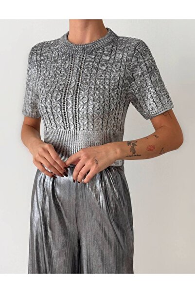 Butik Serdivan Women's Knitwear Sweater - Braided Leaf, Crop Short Sleeve Trend