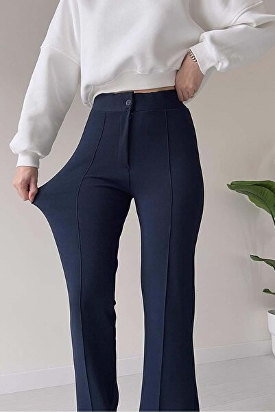 Bestenur High Waist Spanish Leg Palazzo Trousers 1290 - Navy Blue
