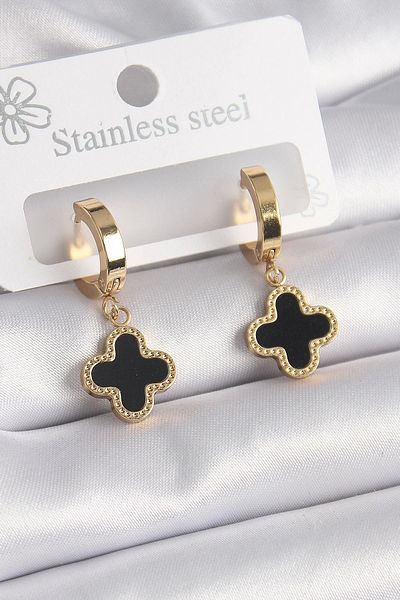 Clariss 316L Steel Gold Color Black Clover Model Women's Earrings