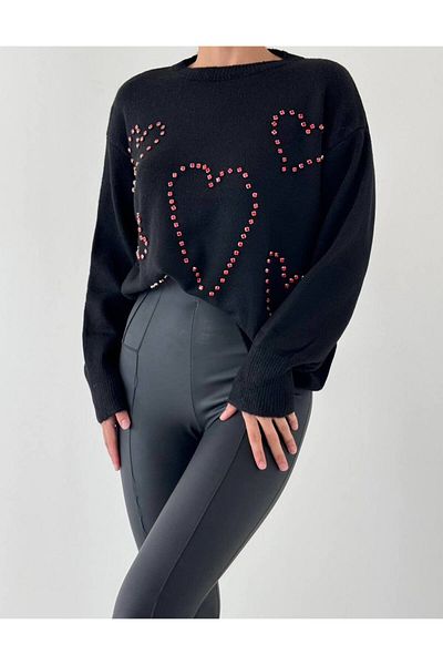 Butik Serdivan Pulover negru supradimensionat cu paiete strălucitoare pentru femei - decolteu