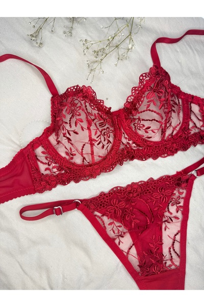 ROZENİN LINGERIE New Year's Gift Red Floral Underwire Capless Embroidery Bra Set (Large and Small Size)